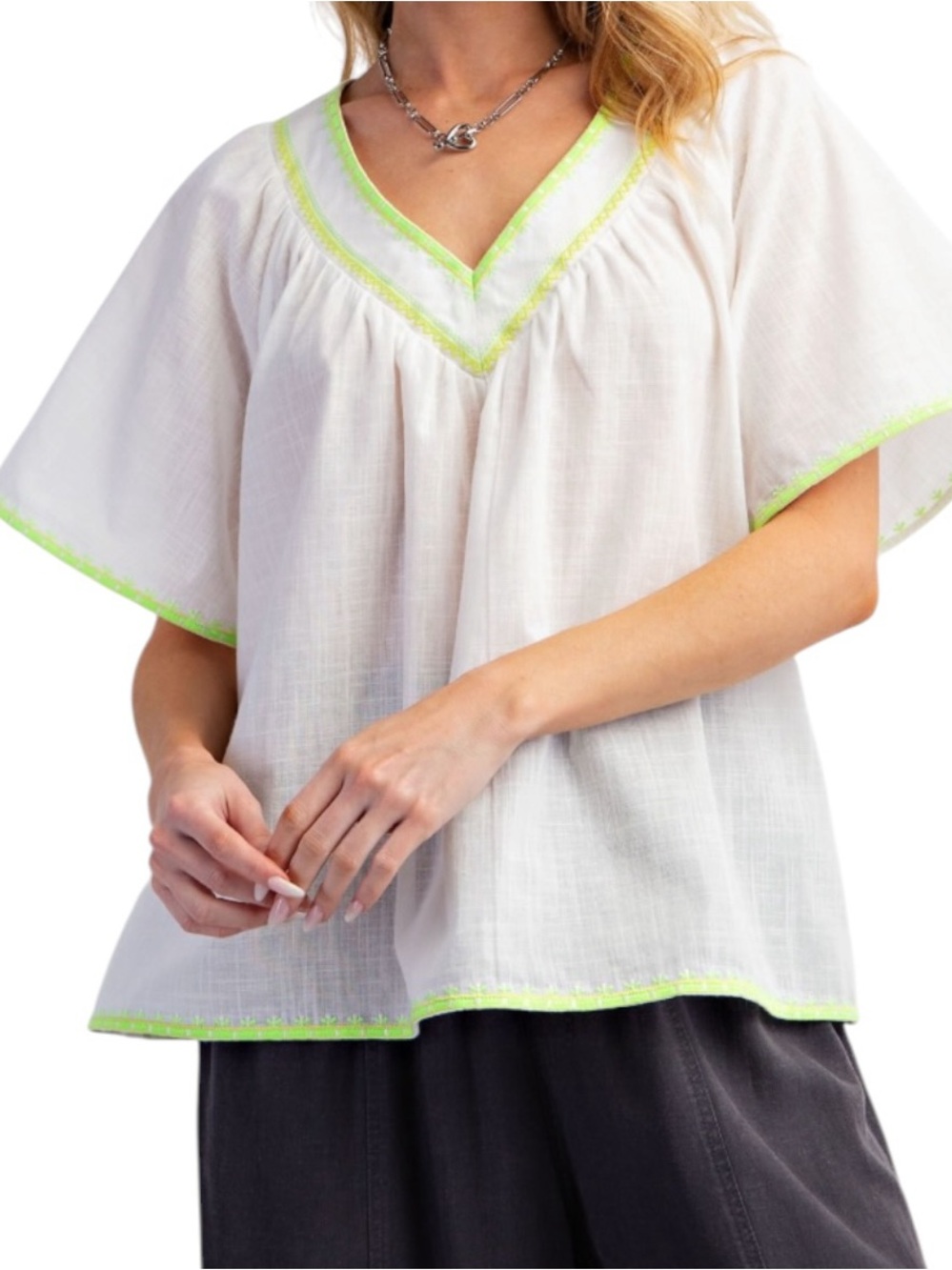 Easel Embroidered Cotton V-neck Flutter Sleeve White Top Boho Flowy
